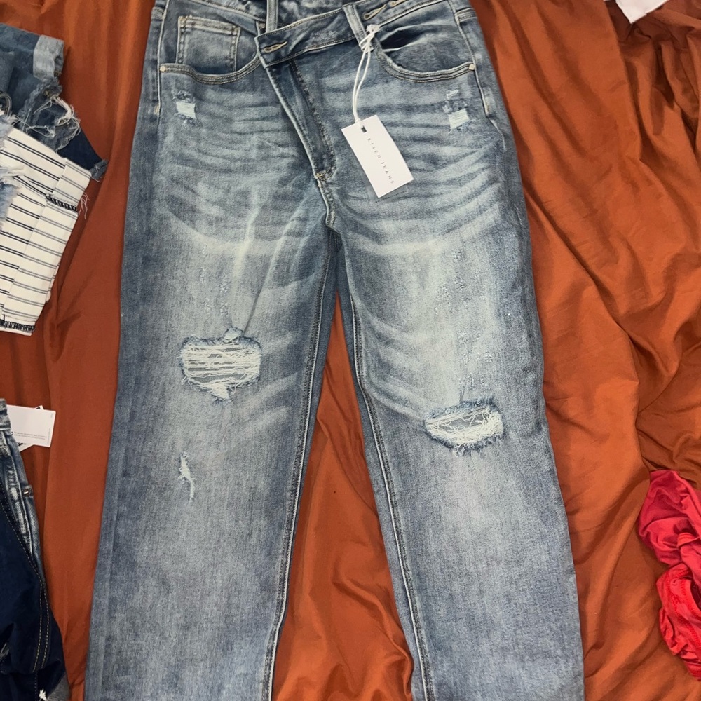 Blue Straight Leg Distressed Jeans